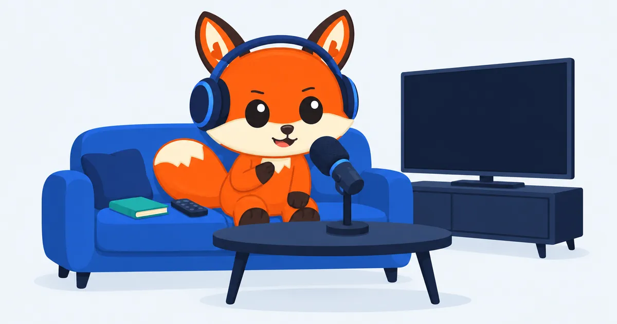 Zorro naranja con auriculares, sentado en un sofá azul frente a un micrófono de mesa, a punto de hablar; al fondo, una televisión apagada.