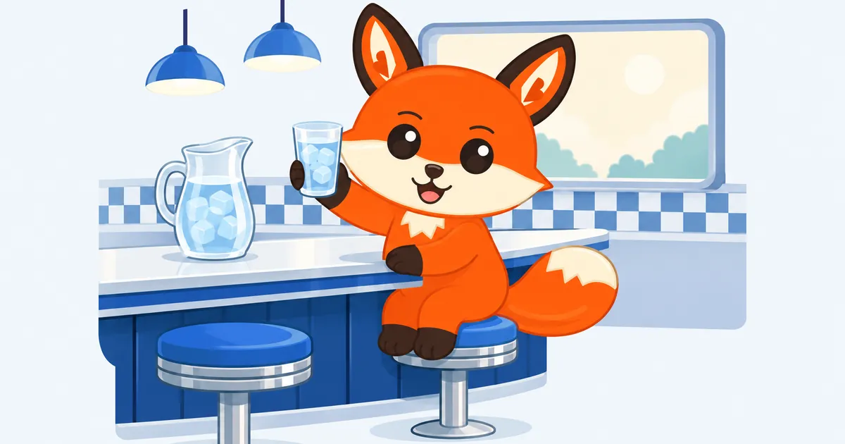 Enu, el zorro naranja, sentado en la barra de una cafetería, levanta un vaso de agua con hielo y sonríe con la boca abierta.