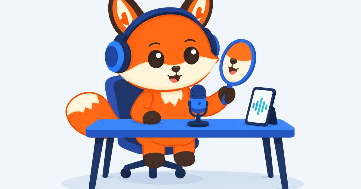 Un zorro naranja con auriculares habla delante de un micrófono de mesa mientras se mira la boca en un espejo de mano, junto a un móvil que muestra una onda de sonido.